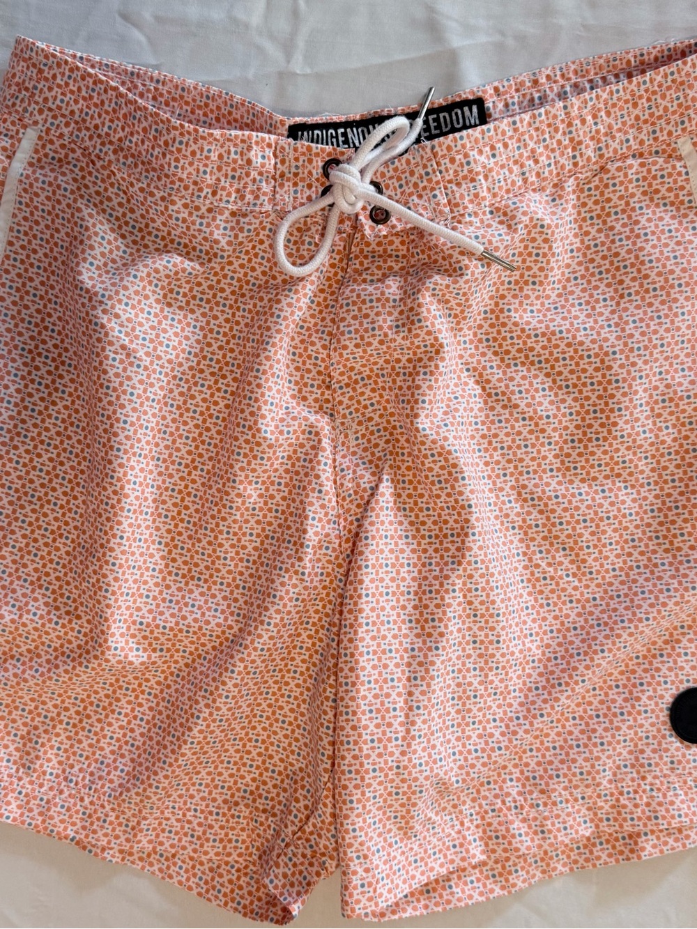 Indigenous Freedom Men's Swim Trunks Size L Orange White Geometric Mesh Lined